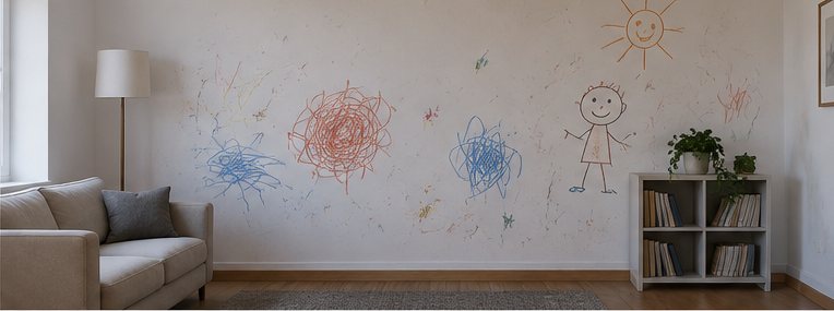 La stessa parete del soggiorno coperta di disegni a pennarello