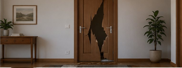 La stessa porta d'ingresso con l'anta sfondata